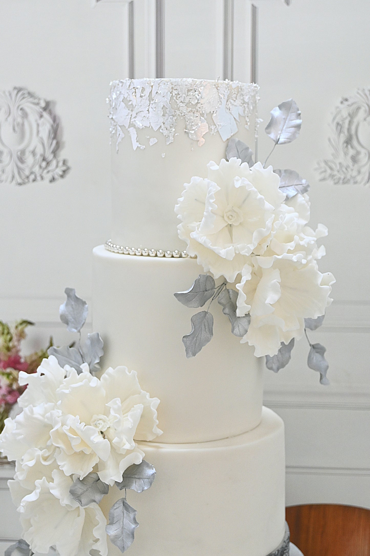 White and silver wedding cake