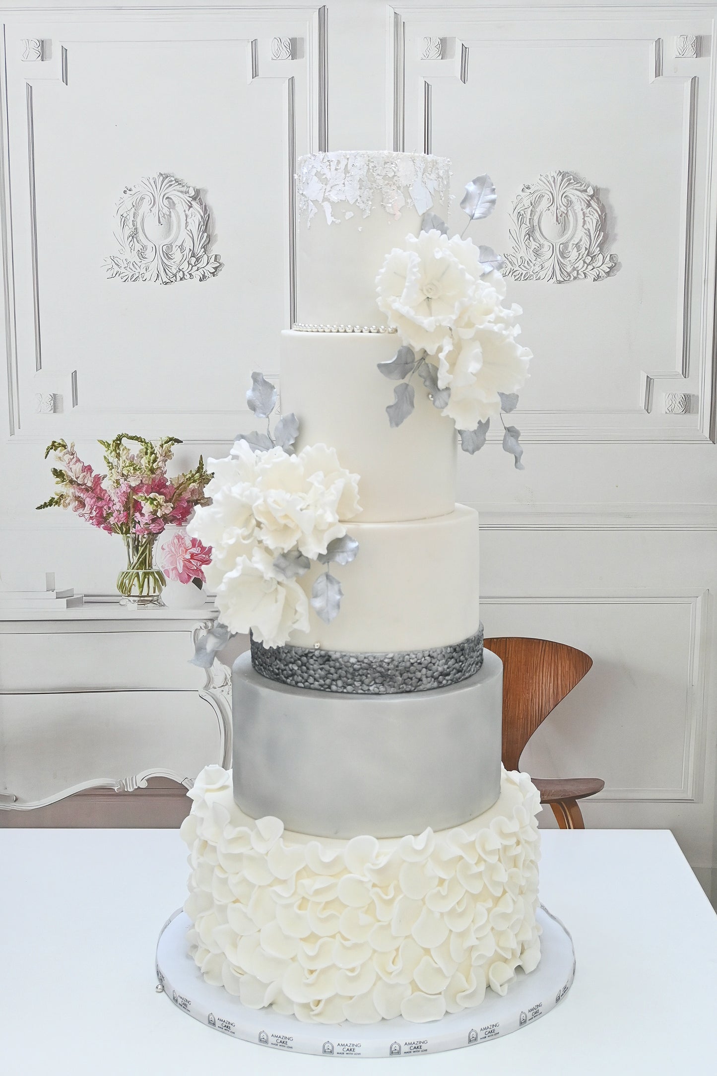 White and silver wedding cake