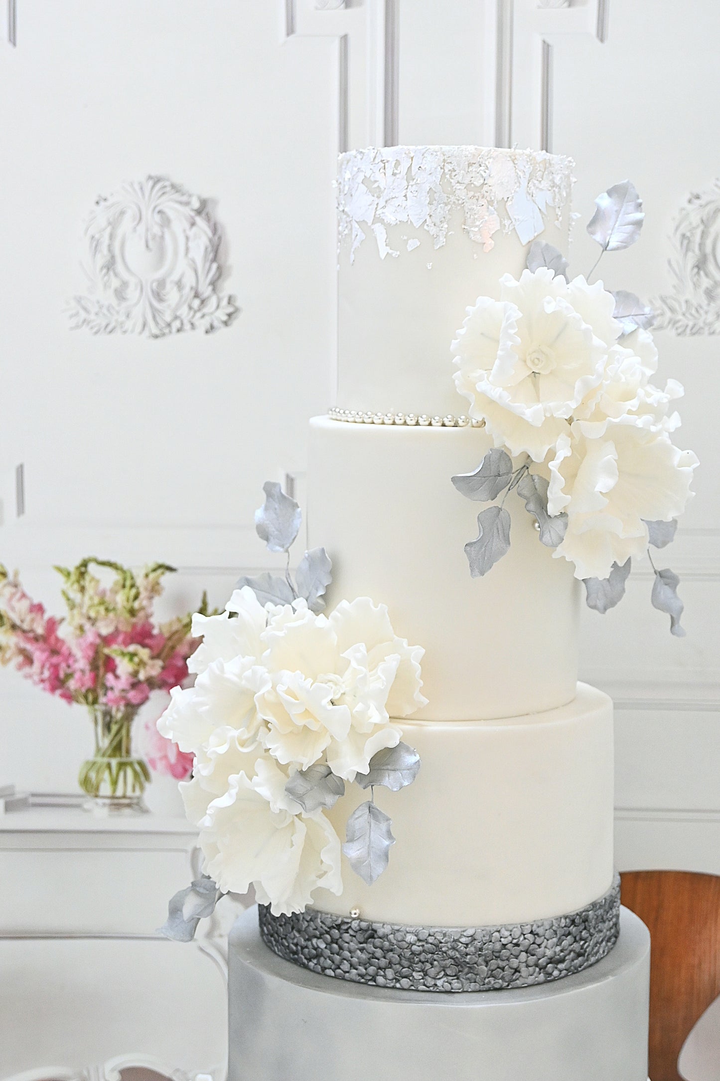 White and silver wedding cake