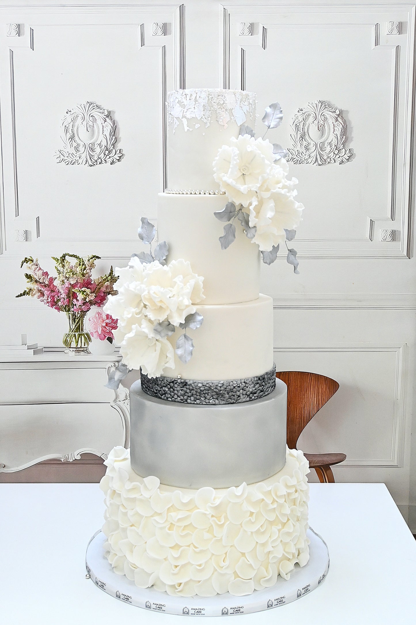 White and silver wedding cake