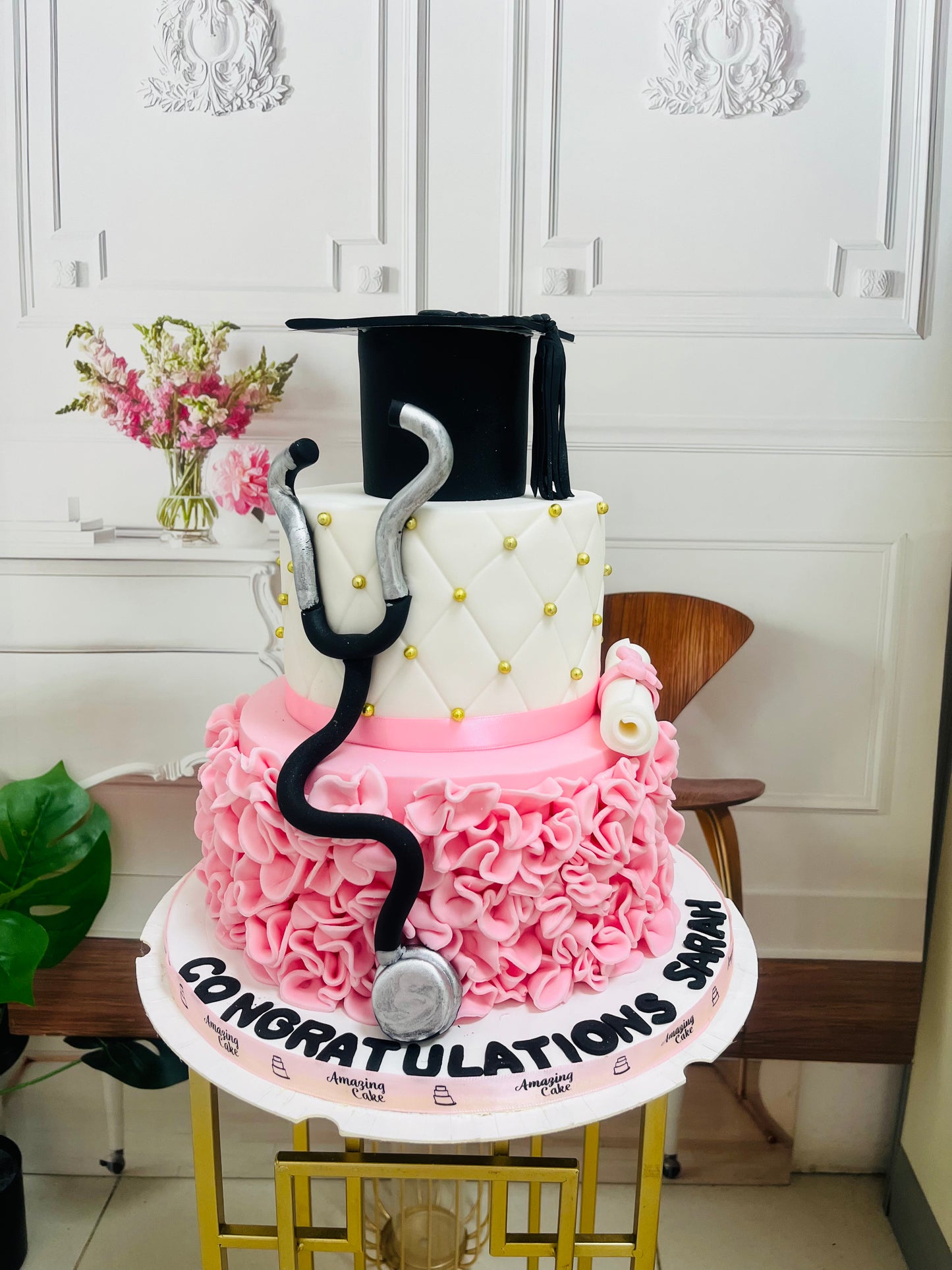 Pink & White Graduation Cake